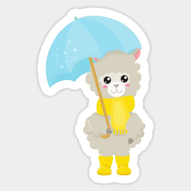 Cute Llama, Little Llama, Llama With Umbrella Sticker by Jelena Dunčević